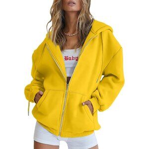 Women's Casual Yellow Zip Up Pocket Fleece Sweatshirts Hoodies Jacket Oversized
